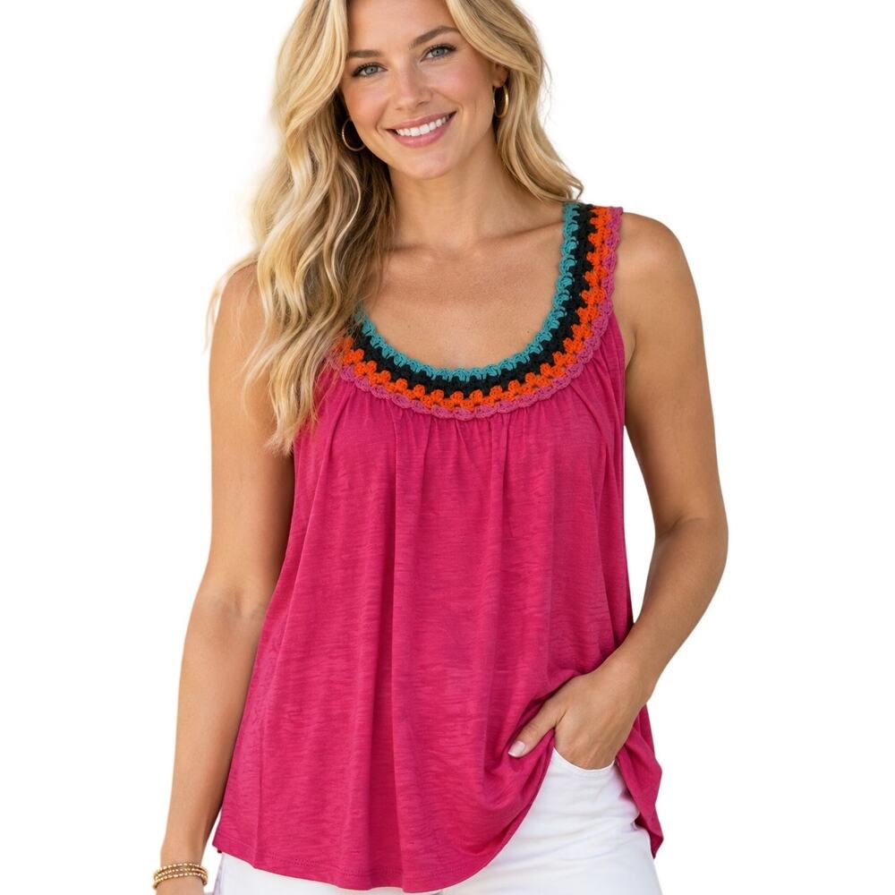 Boden Crochet Trim Jersey Top Womens Size 8 Pink Linen Beachy Boho Retro Tank